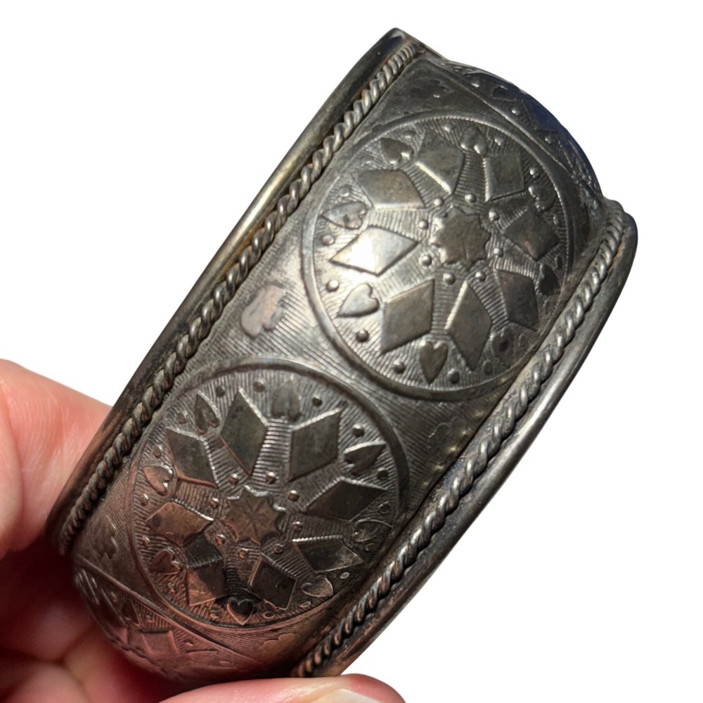 Cuff Bracelet‎ Silver Tone Repousse Geometric Star Heart Wide Band Made in India